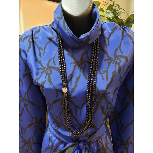 Vintage Caron Chicago Sheath Dress S Blue Patterned Cowl Neck Tie Waist Back Zip - Picture 5 of 12